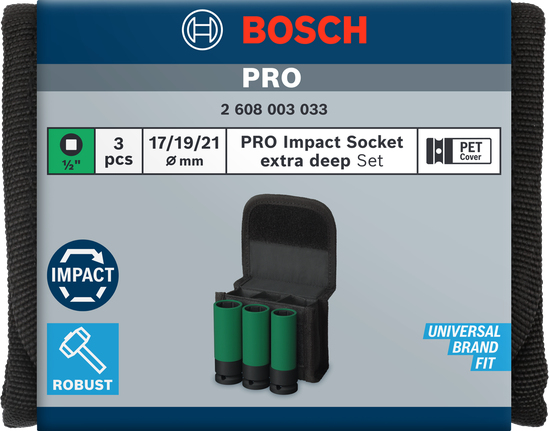 Bosch PRO Impact Socket Set mit 3 extra tiefen Steckschlüsseln, 17-21mm.