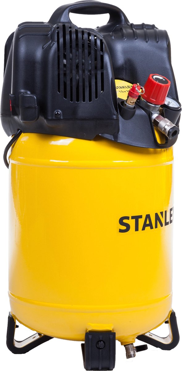 Un compressore d'aria Stanley giallo con parte superiore nera e manopola rossa.