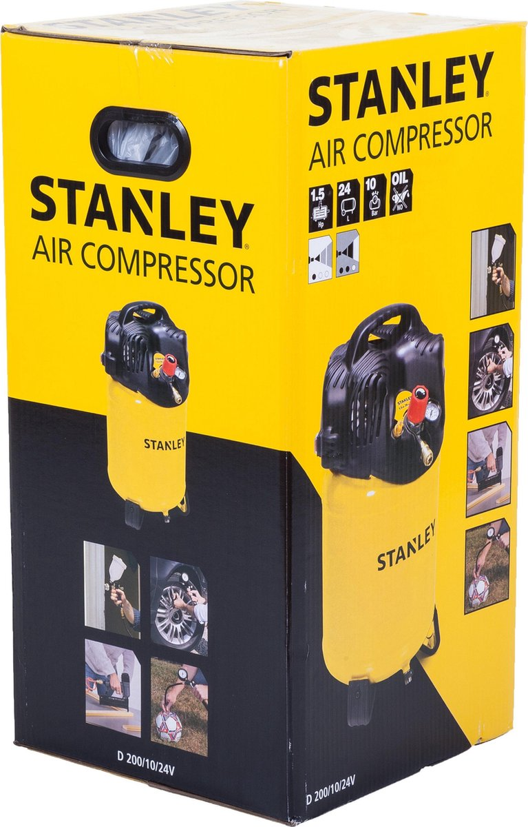 Compressore d'aria Stanley giallo con manico nero sulla scatola. Icone d'uso.