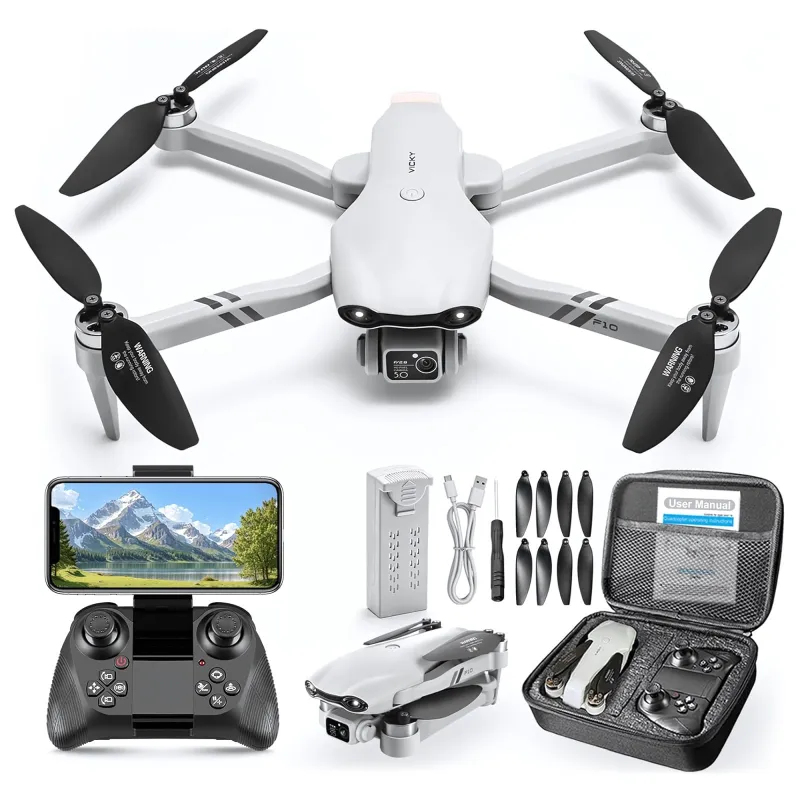 Un drone bianco con eliche nere, un controller con supporto per telefono, eliche extra, una batteria e una custodia per il trasporto.