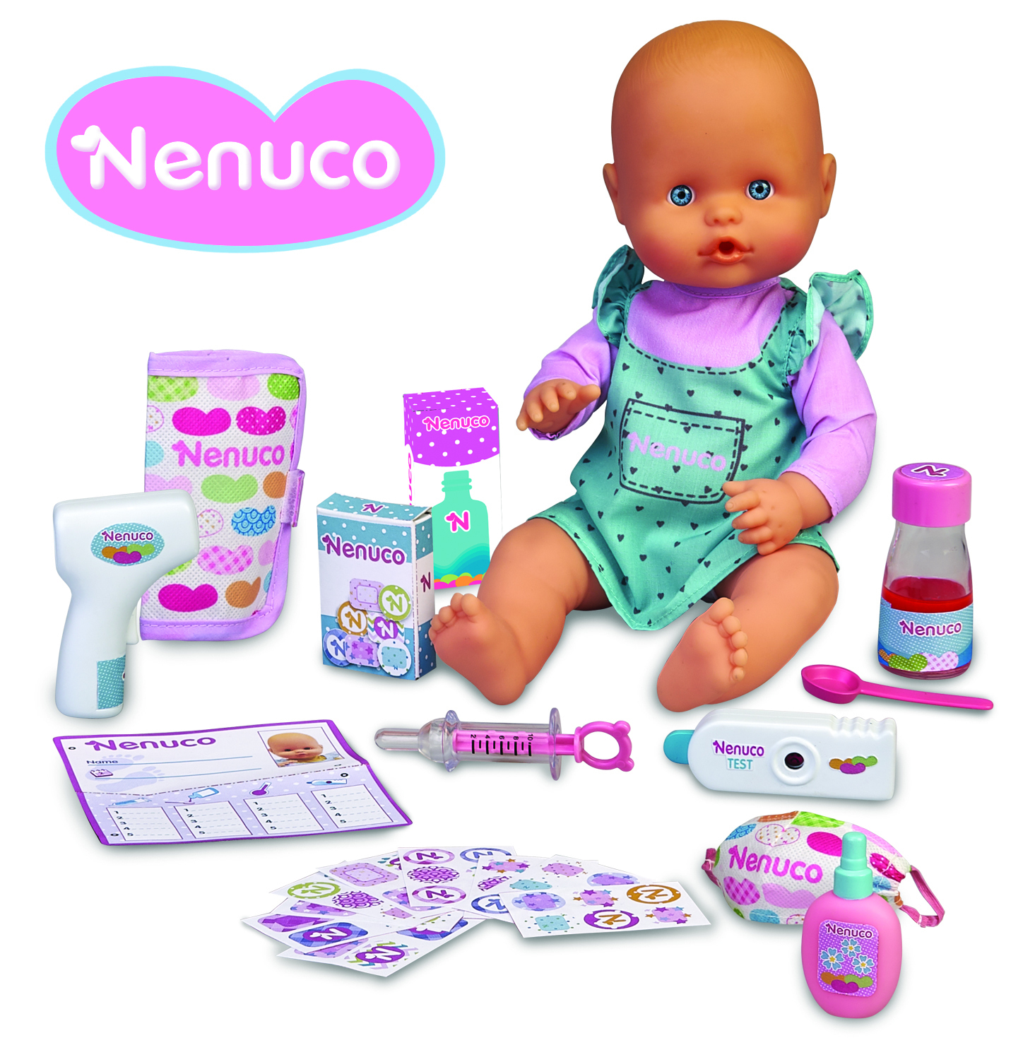 Un set de muñeca Nenuco con accesorios médicos como jeringuilla, termómetro y medicina.