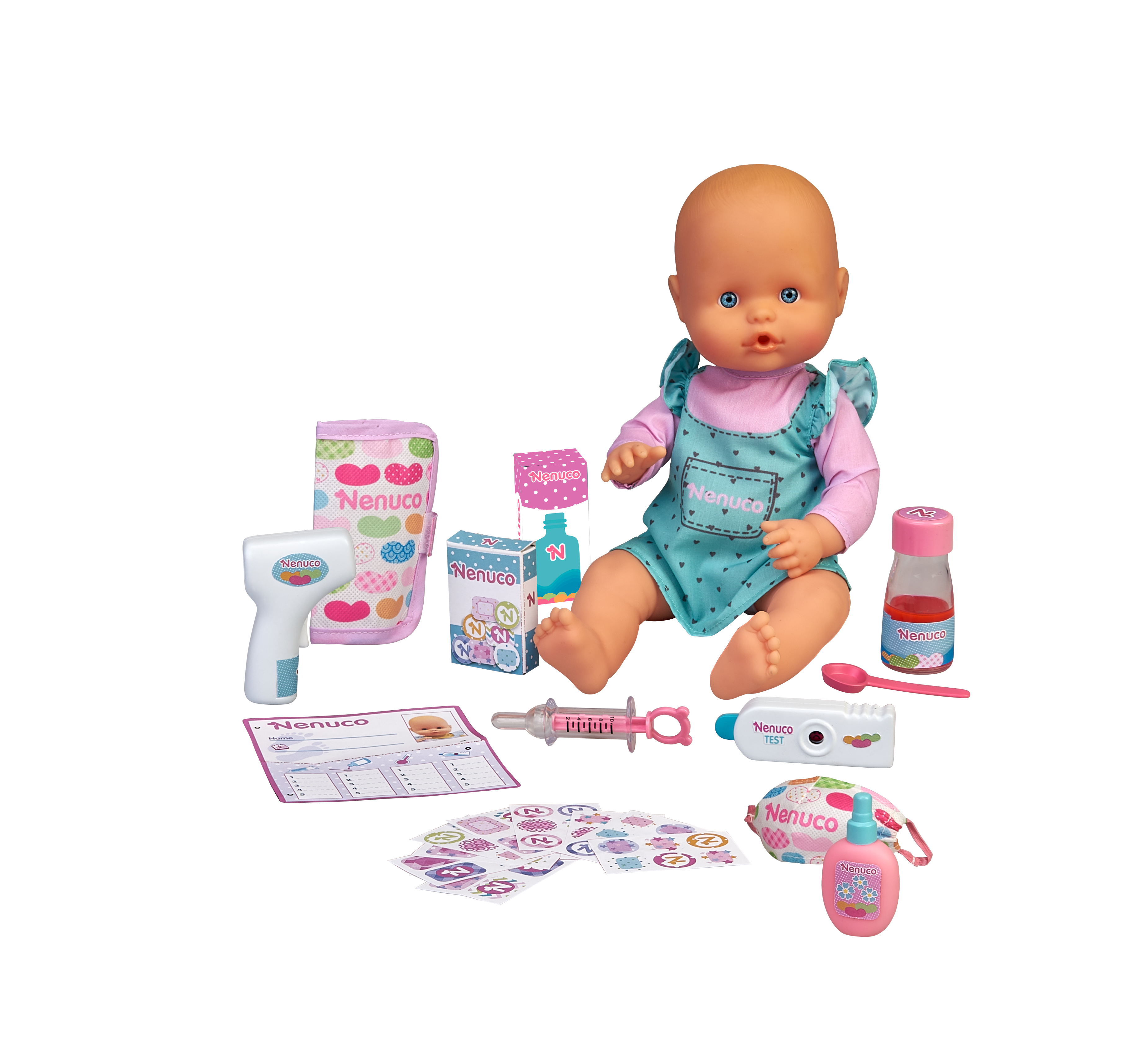 Un set de muñeca Nenuco con accesorios médicos, incluyendo termómetro, jeringa y biberón.