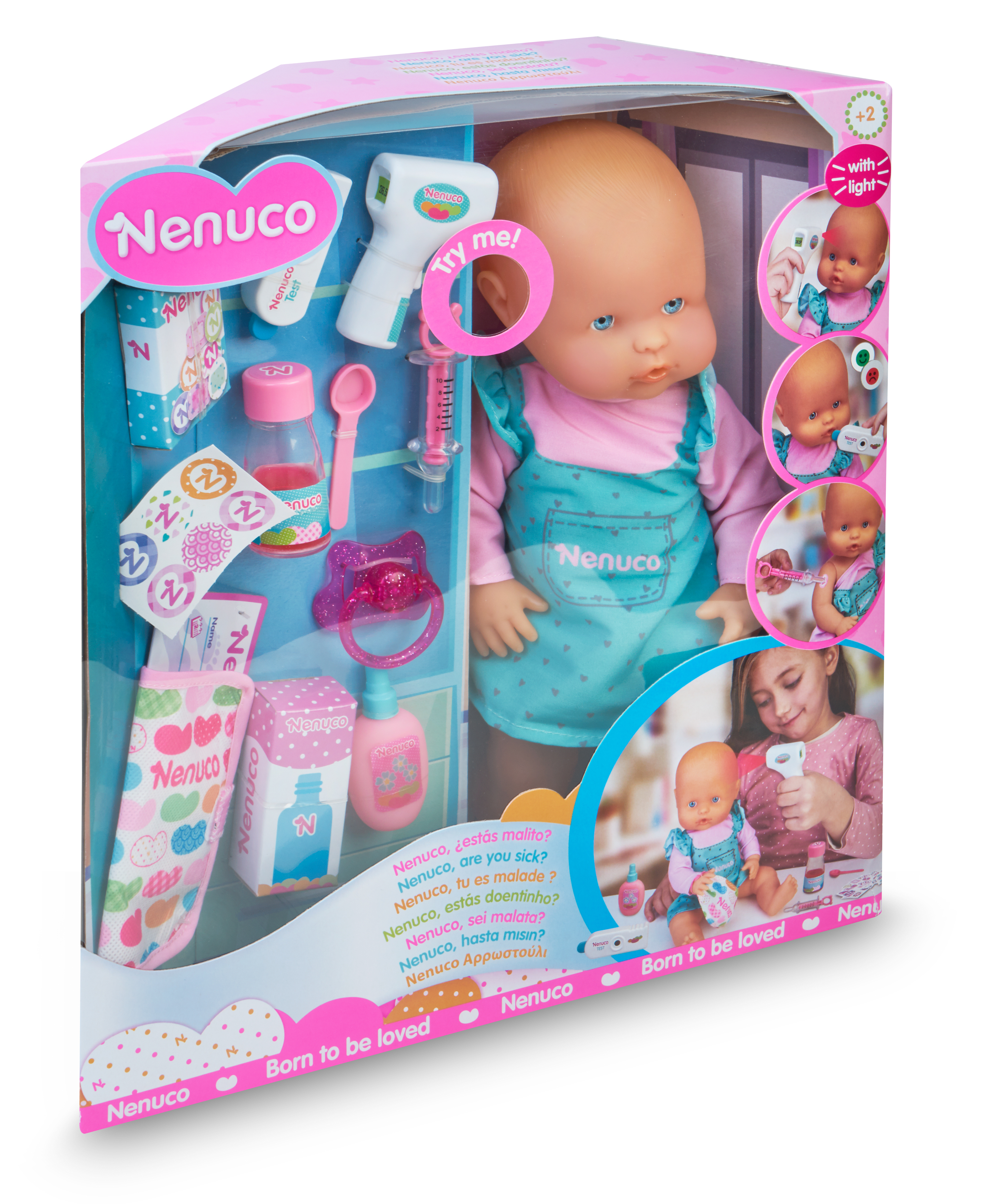 Muñeca Nenuco con accesorios médicos en caja, incluye termómetro.