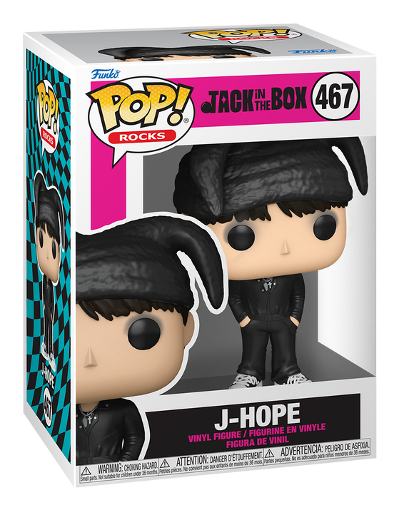 Funko Pop! J-Hope Figur in Verpackung. Figur trägt schwarzes Outfit und Hut.