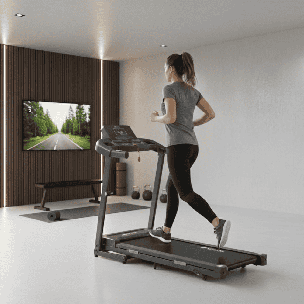 A woman in athletic wear runs on a treadmill in a modern home gym.