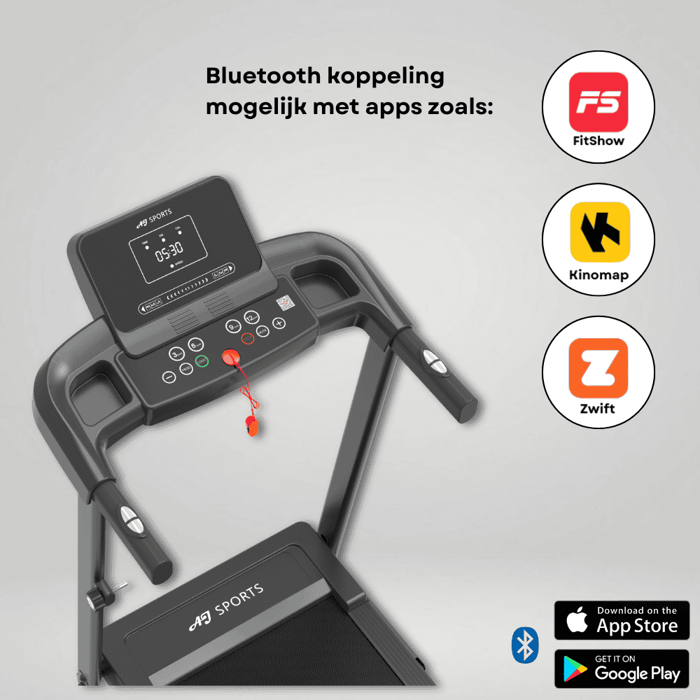 A treadmill with a display, buttons, safety clip, and app logos like FitShow, Kinomap, and Zwift.