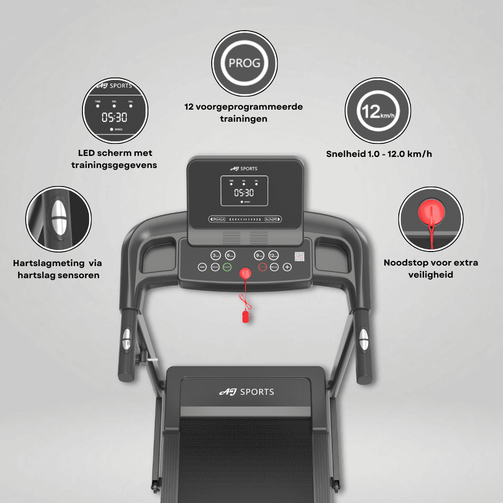 Treadmill with LED display, heart rate sensors, 12 programs, and emergency stop.