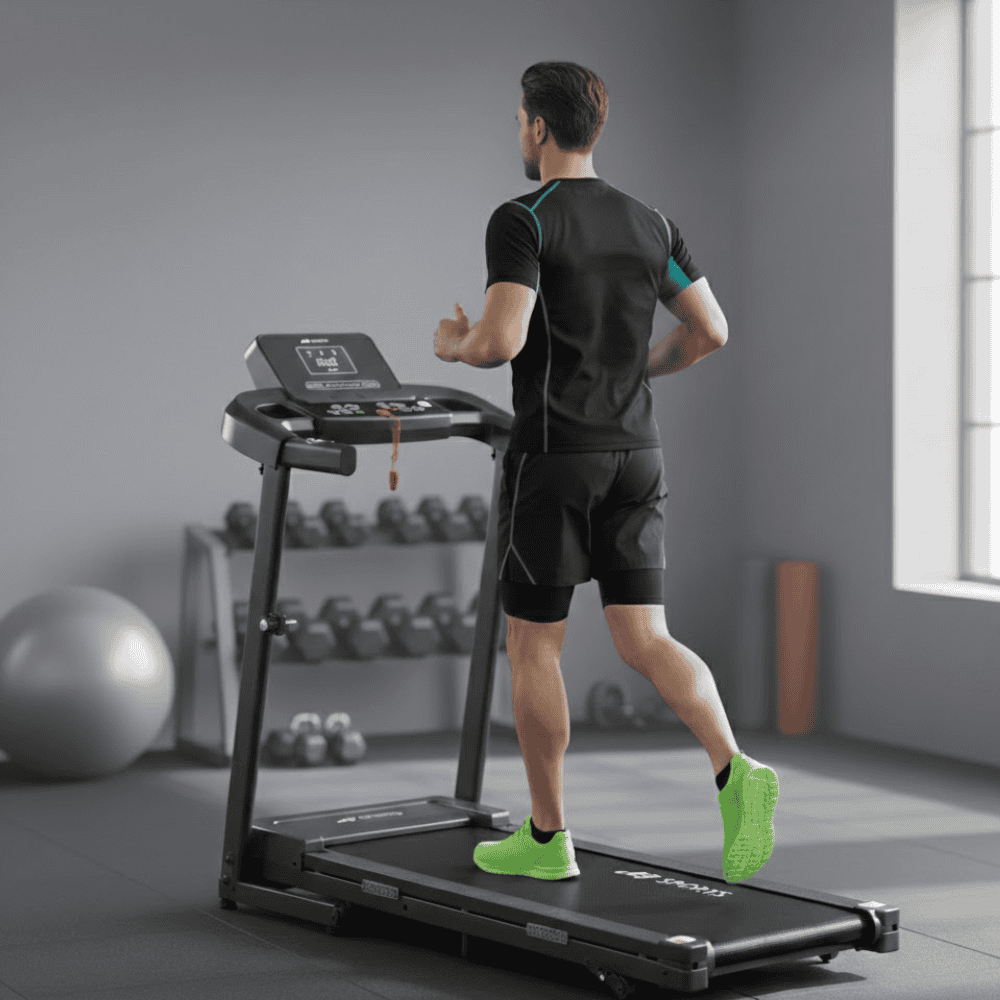Man runs on a treadmill in a gym with weights and a ball in background.