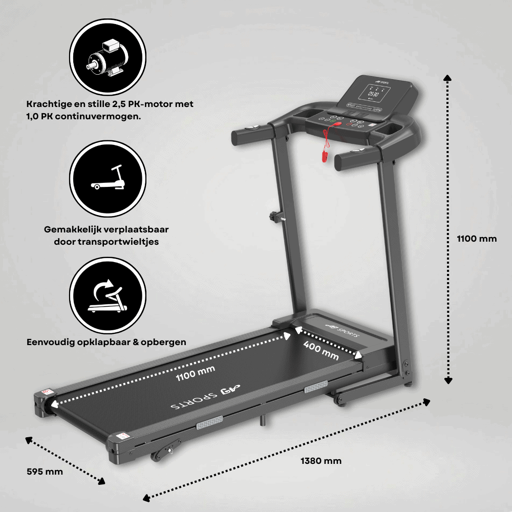 A black treadmill with display, dimensions, and icons for motor, mobility, and folding.