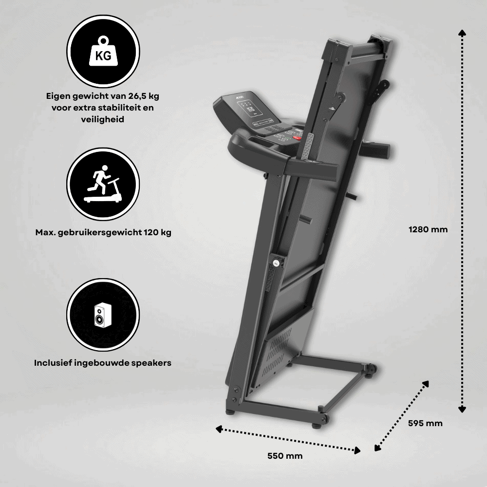Black treadmill folded, dimensions 1280x595x550mm. Features: 26.5kg own weight, 120kg max user weight, built-in speakers.