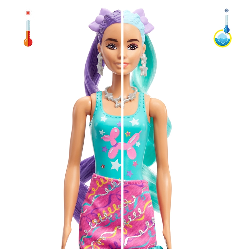 Bambola Barbie con capelli divisi, top blu con palloncino, gonna rosa. Cambia colore con la temperatura.