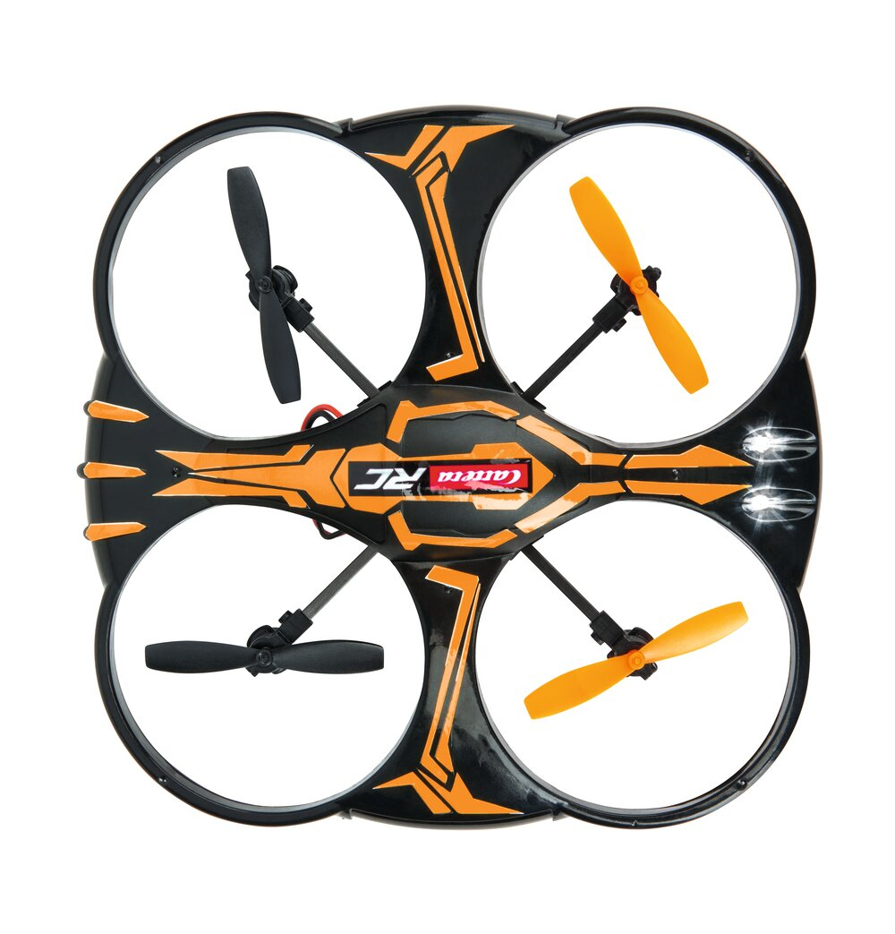 Quadcopter RC nero e arancione con quattro eliche e luci.