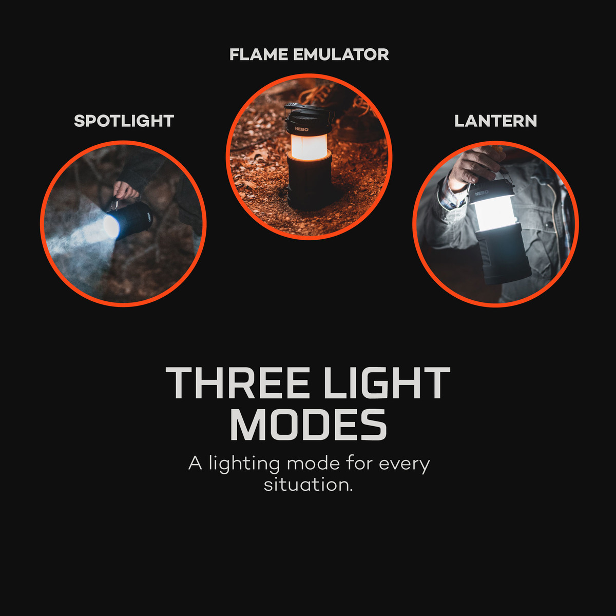 L'immagine presenta tre inserti circolari che mostrano diverse modalità di luce: faretto, emulatore di fiamma e lanterna.