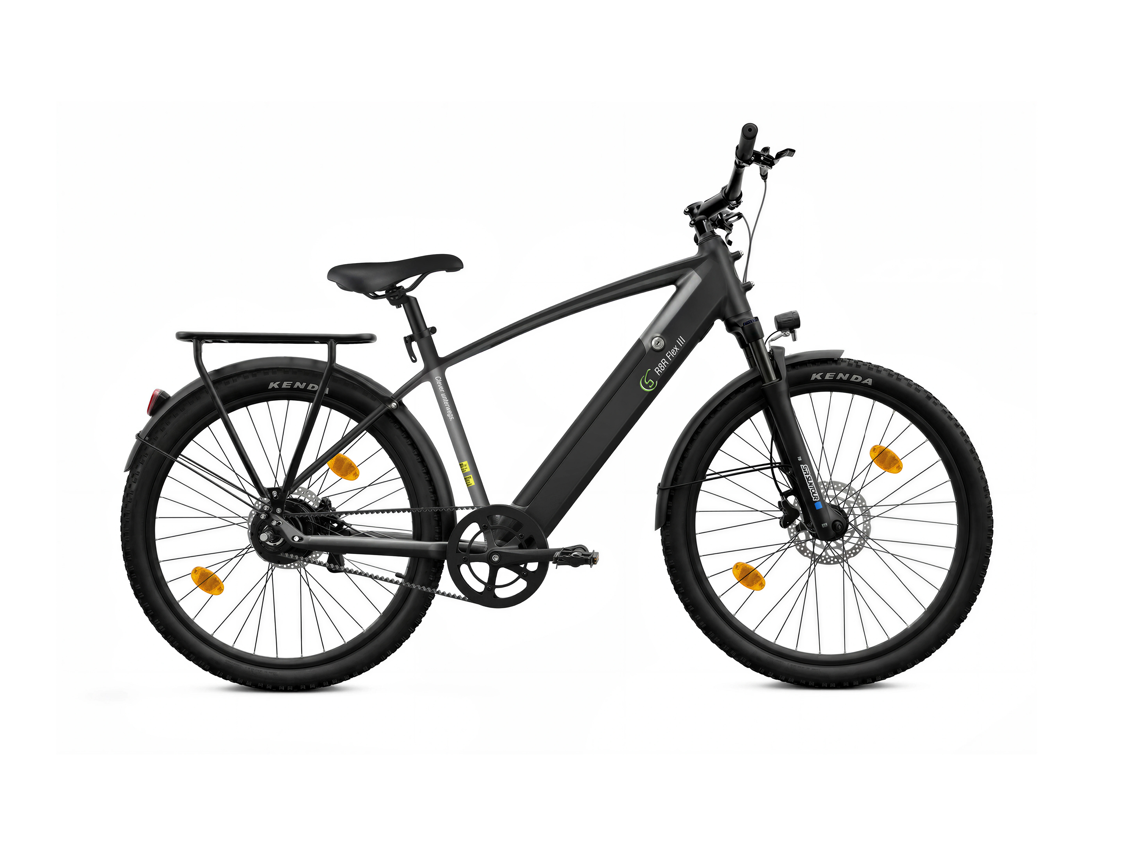 Ein schwarzes E-Bike mit Gepäckträger und breiten Reifen.