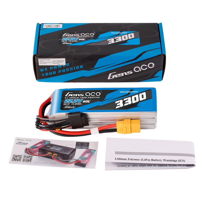 Akumulator Gens Ace 22.2V 3300mAh 6S LiPo, jego niebiesko-czarne pudełko i ulotka ostrzegawcza na białym tle.
