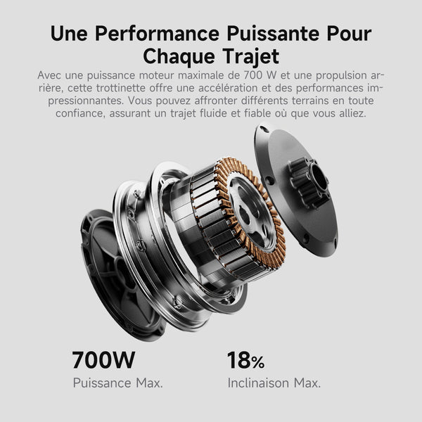 Vista esplosa di un motore elettrico: potenza max 700W, pendenza max 18%.