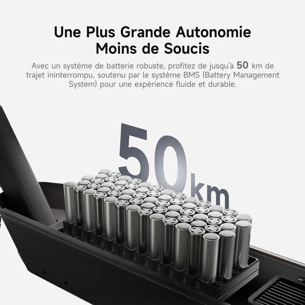 Autonomia 50km: Batterie in un involucro nero, testo in francese.
