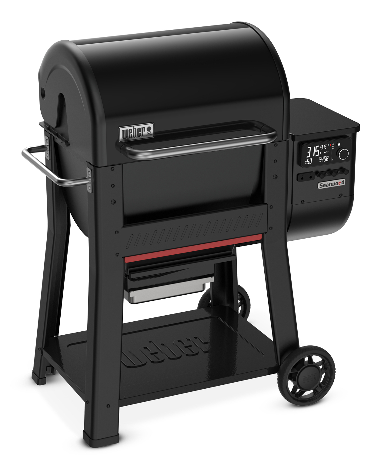 Una griglia Weber nera con display digitale e ruote.