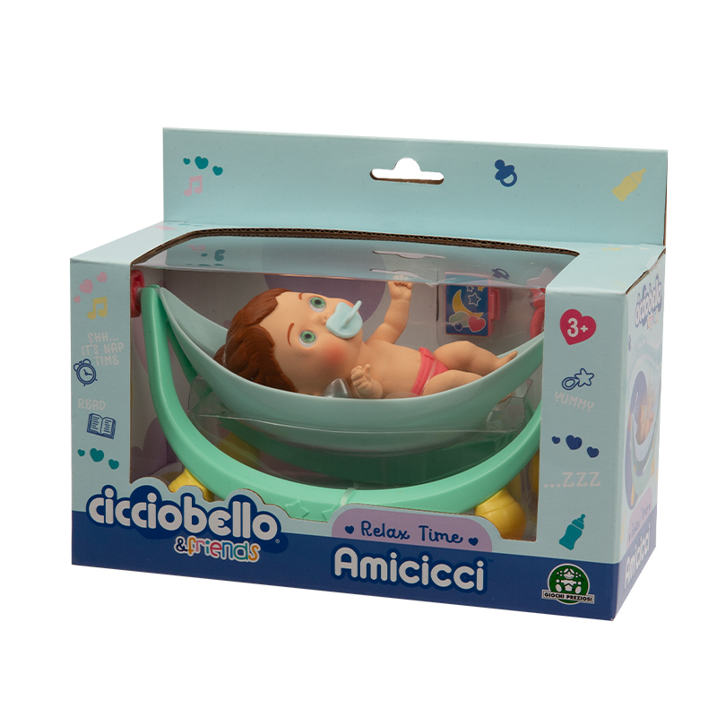 Caja con muñeca Cicciobello Amicicci, bebé en hamaca con chupete.
