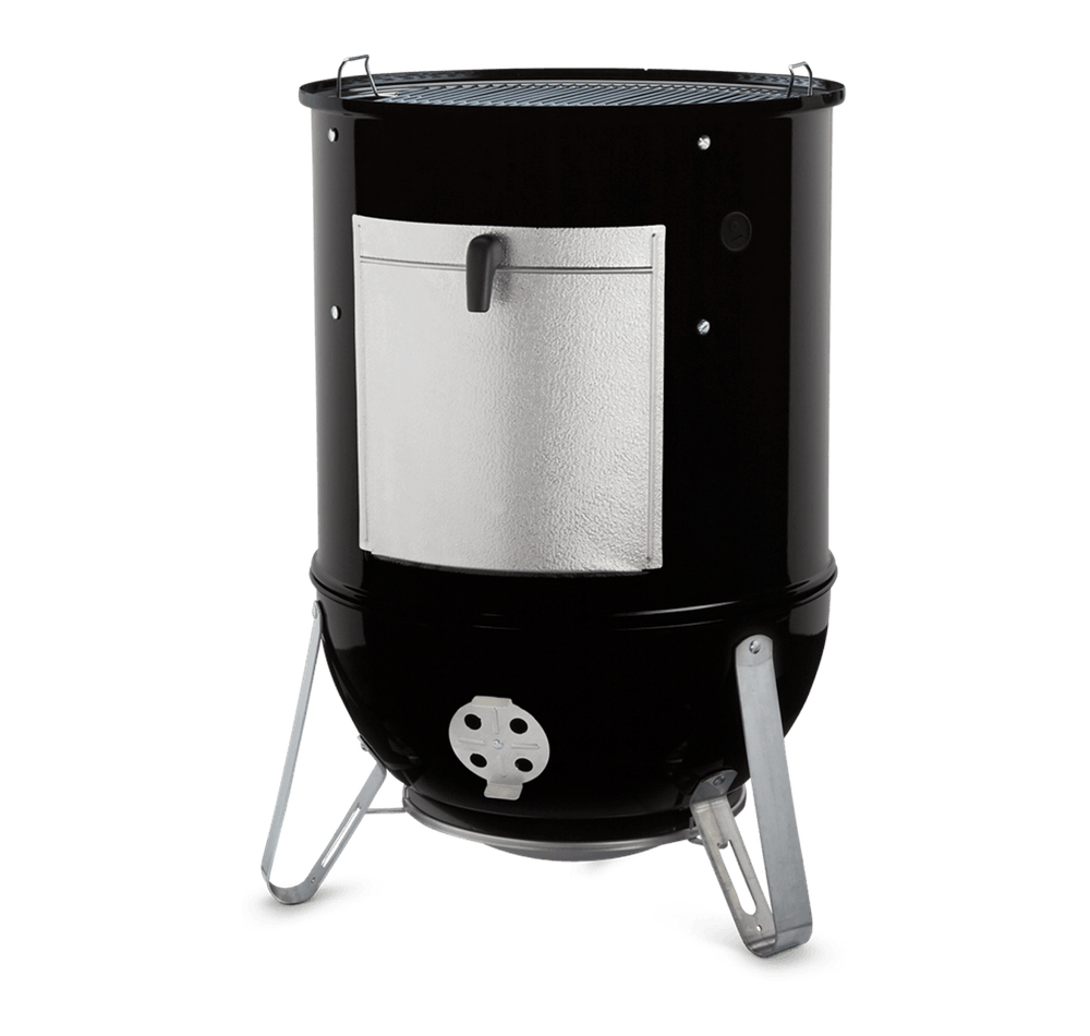 Schwarzer Holzkohle-Smoker mit silberner Tür und drei Metallbeinen.