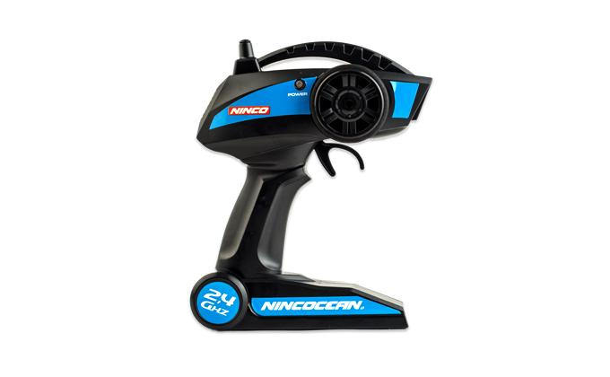 Control remoto RC negro con detalles azules, rueda y agarre.