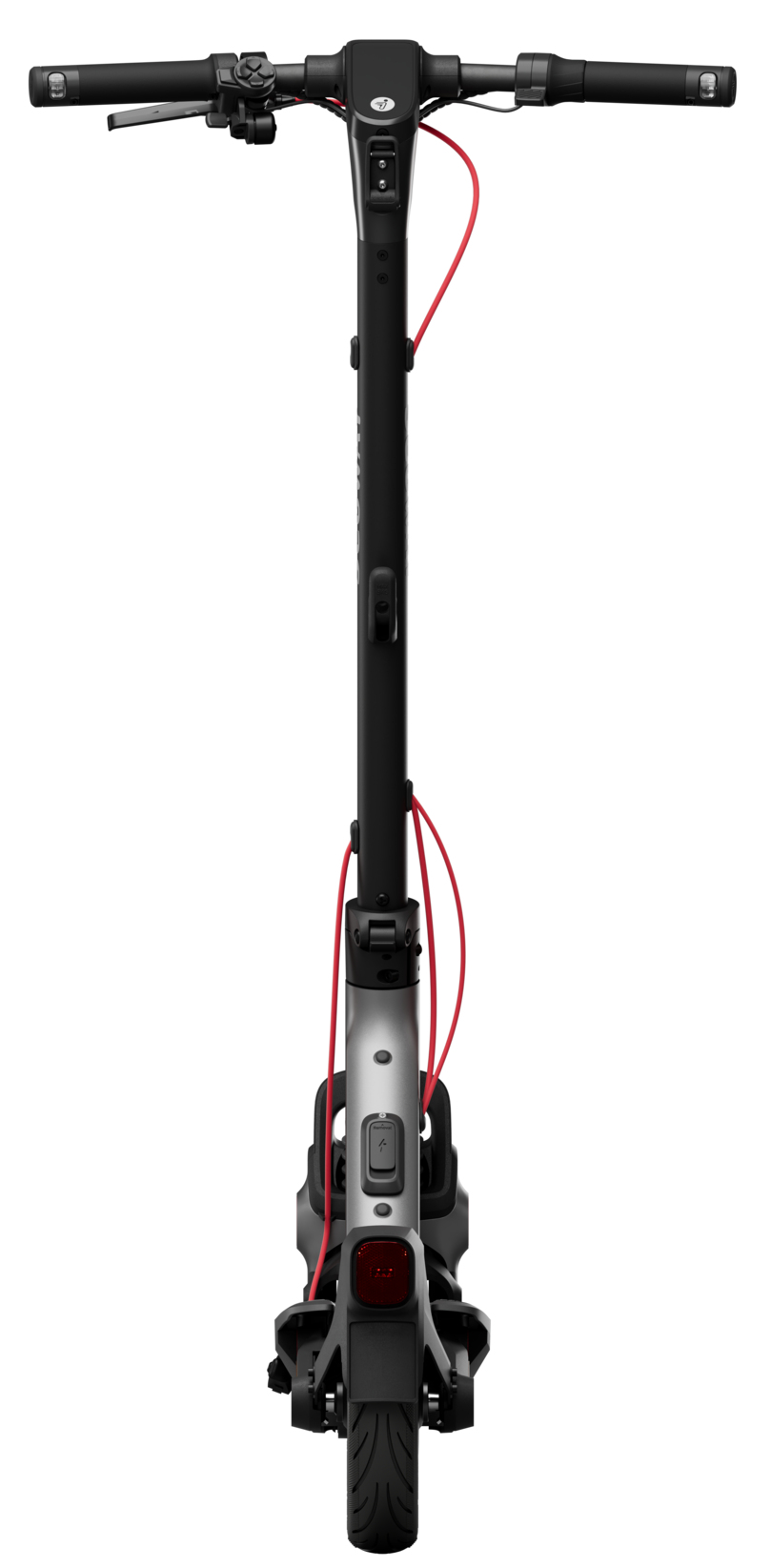 Ein silberner und schwarzer E-Scooter, von vorne gezeigt, mit roten Kabeln.