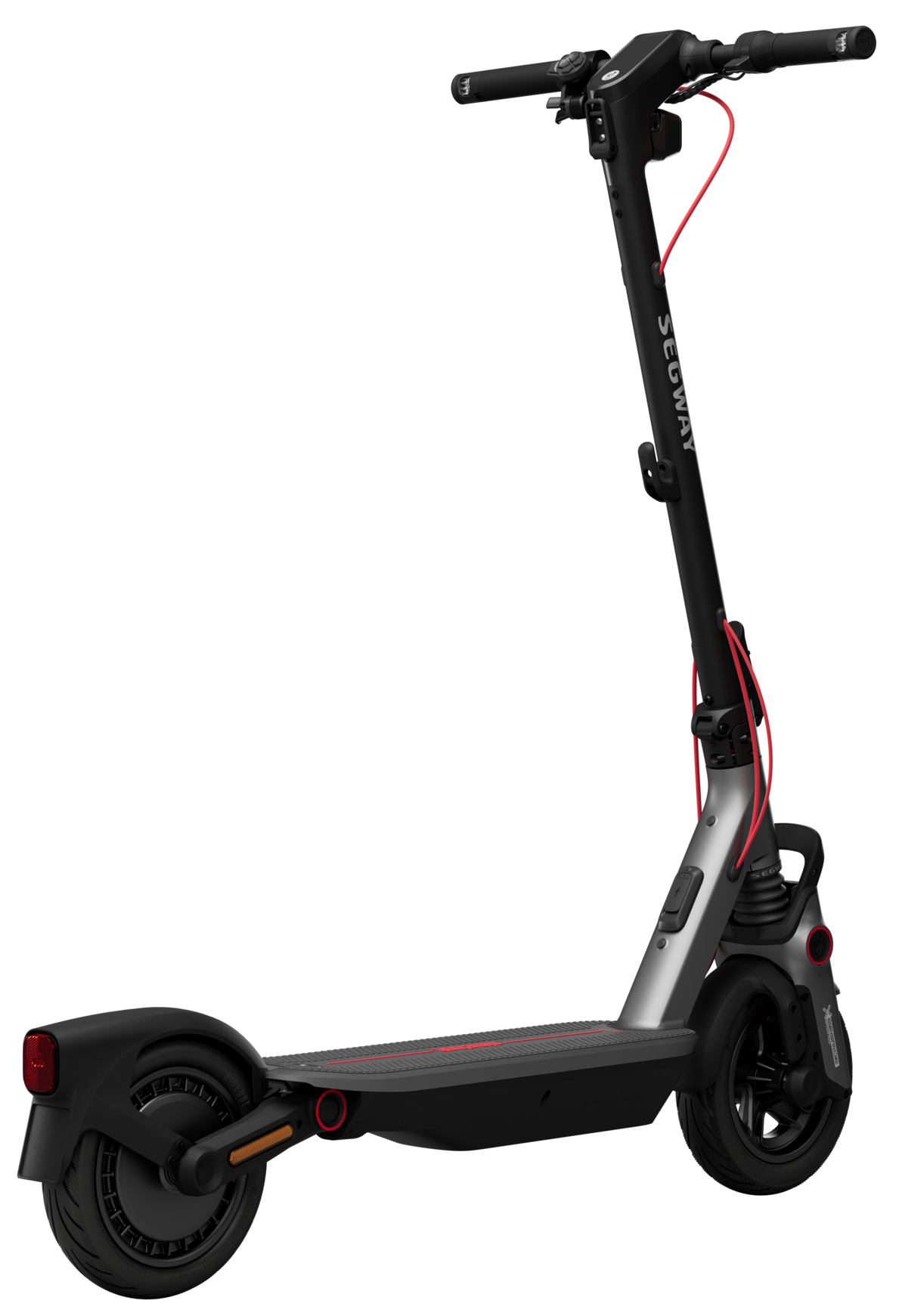 Ein schwarzer Segway-Elektroroller mit silbernem Rahmen und roten Akzenten.