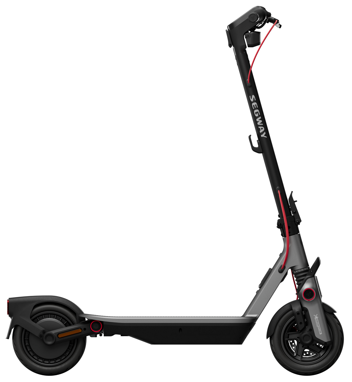 Ein grauer und schwarzer Segway E-Scooter mit roten Akzenten auf weißem Hintergrund.