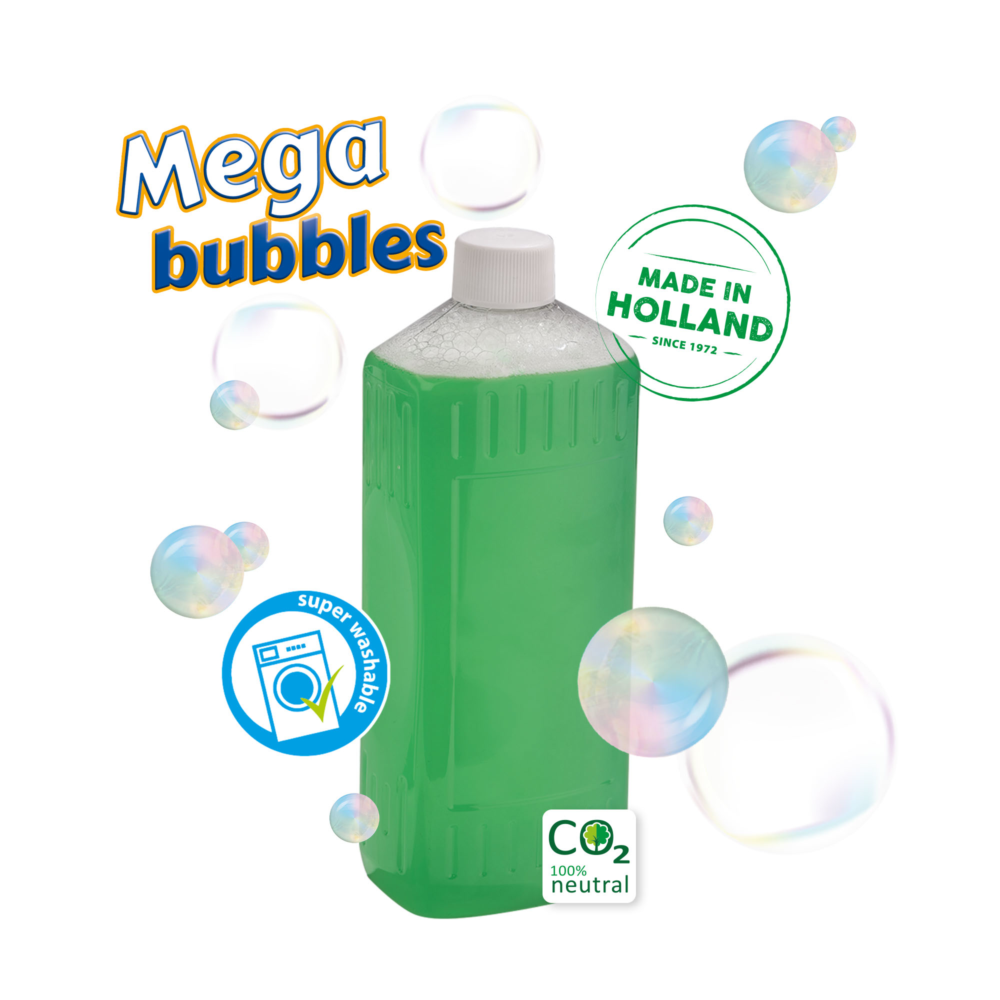 Liquido verde in bottiglia con bolle, logo "Made in Holland".