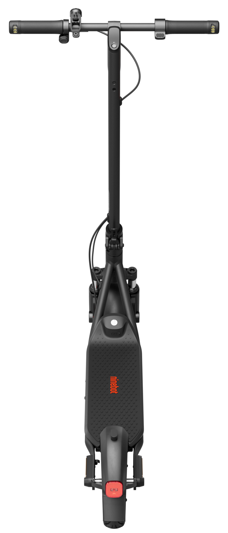 Vista dall'alto di uno scooter elettrico nero con manubrio, pedana e fanale posteriore.