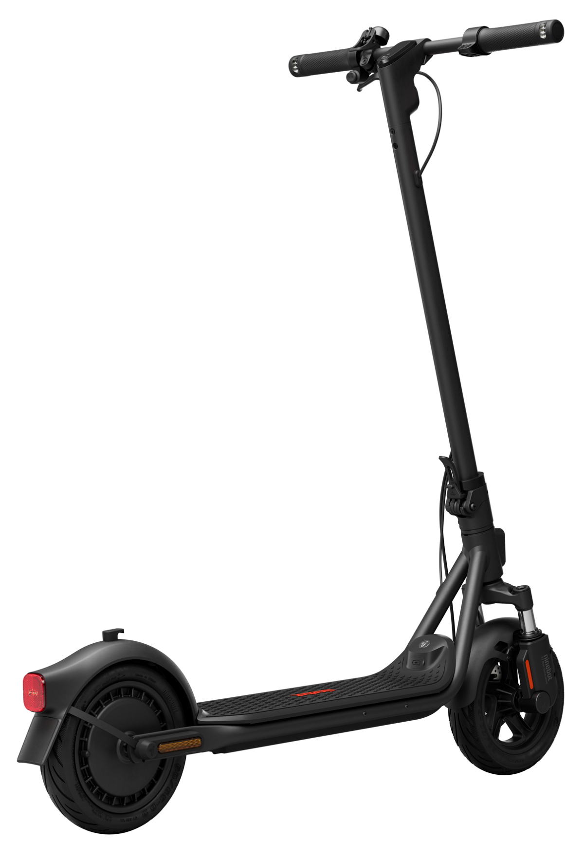 Un monopattino elettrico nero con logo rosso sul deck. Ha manubrio, ruote e luci.