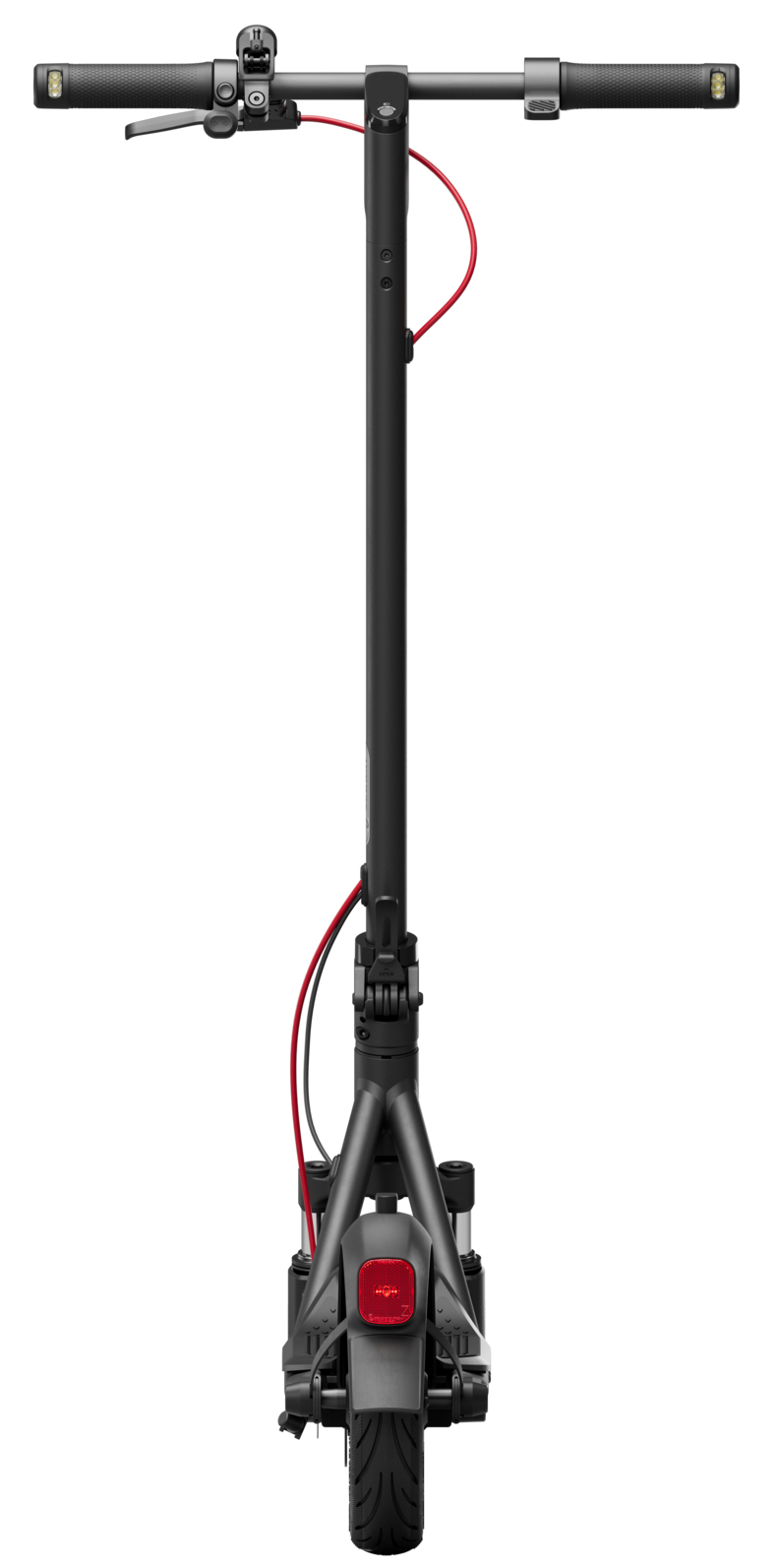 Vista posteriore di uno scooter elettrico nero con cavo rosso e fanale posteriore.