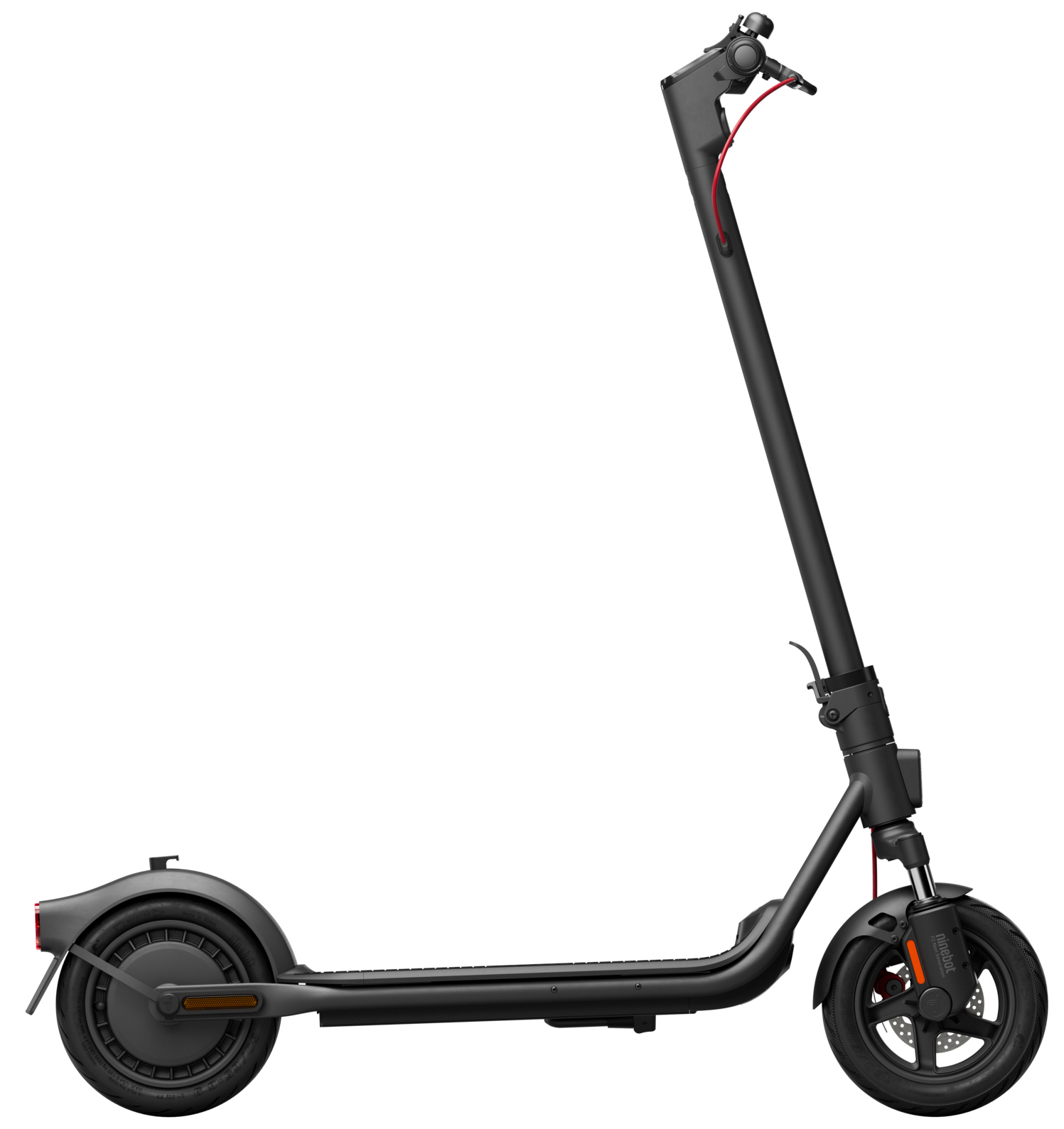 Un monopattino elettrico nero con manubrio, ruote anteriori e posteriori, su sfondo bianco.