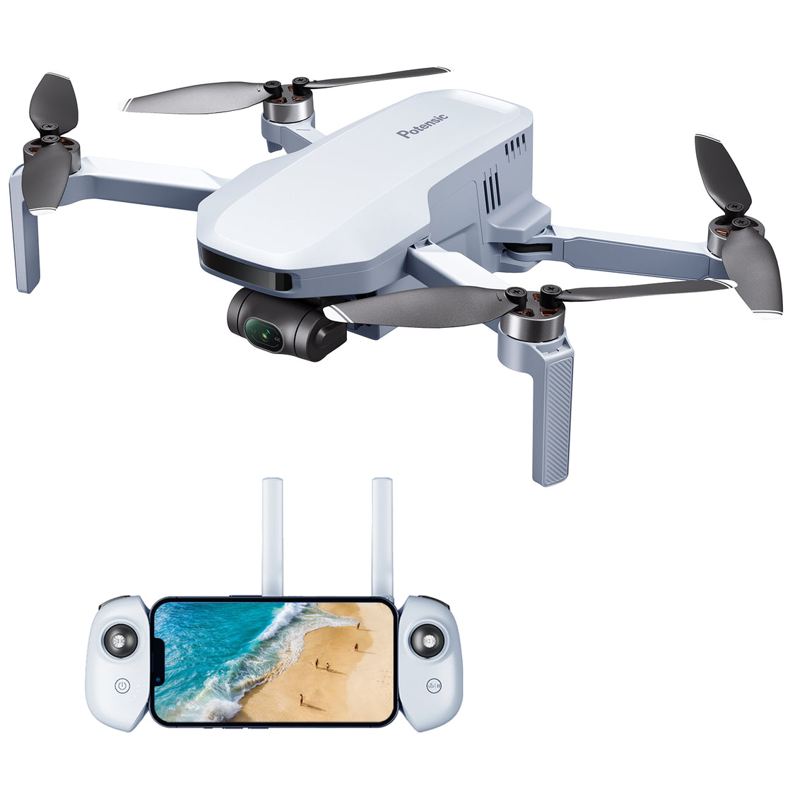 Biały dron z kamerą unosi się nad smartfonem z widokiem plażowym.