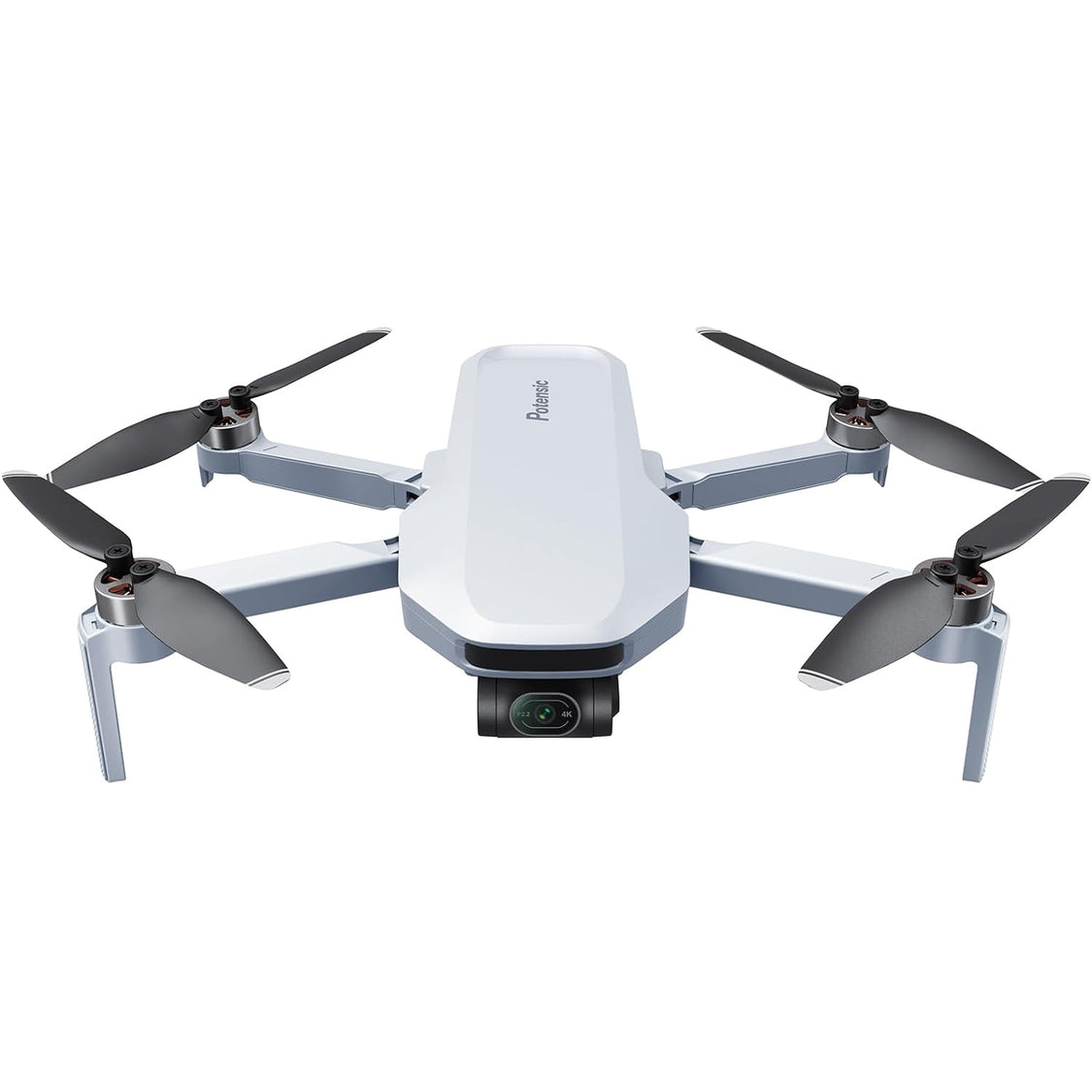 Biały dron Potensic z czterema czarnymi śmigłami i kamerą.