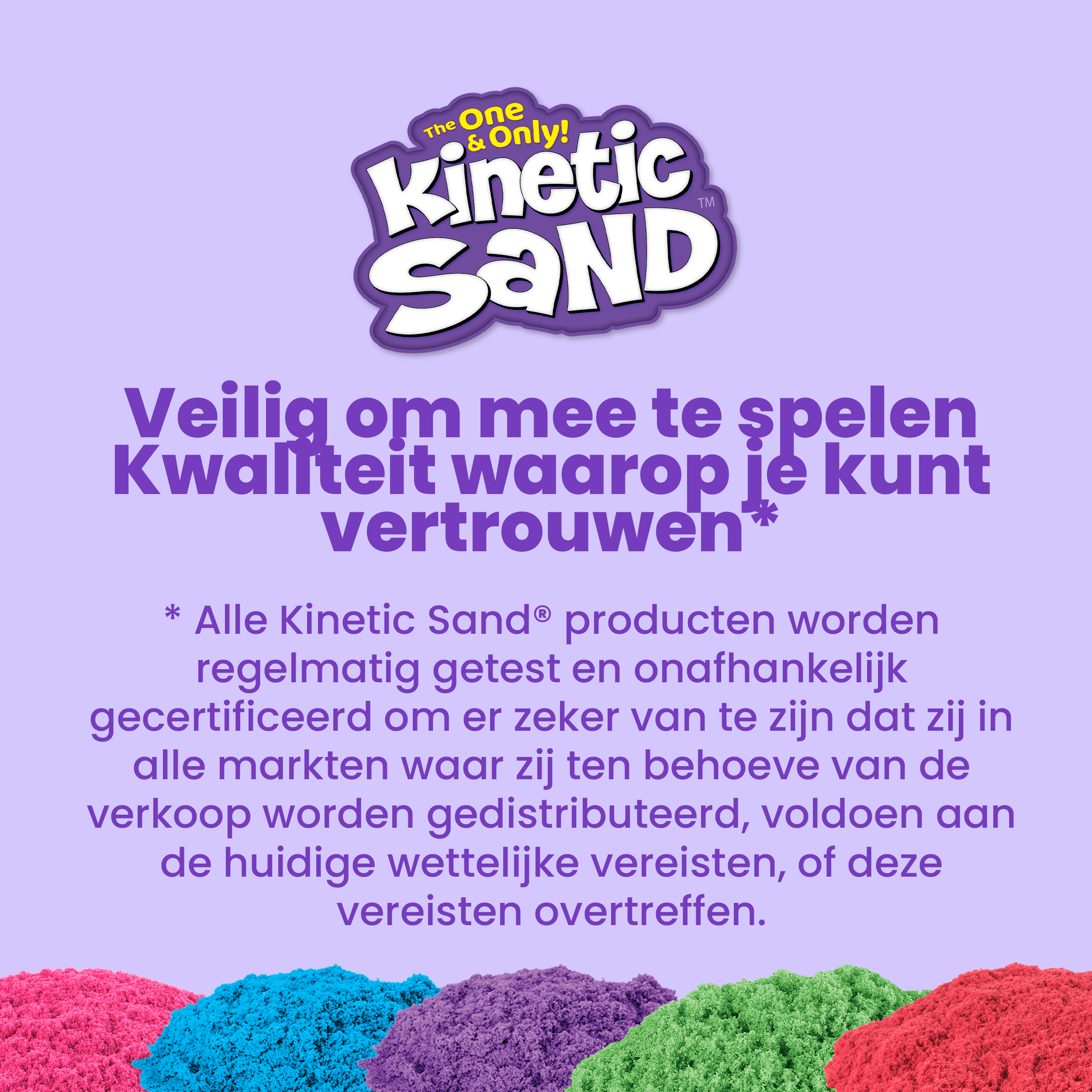 Montones de arena colorida en rojo, azul, morado y verde sobre fondo lila con el logo de Kinetic Sand.