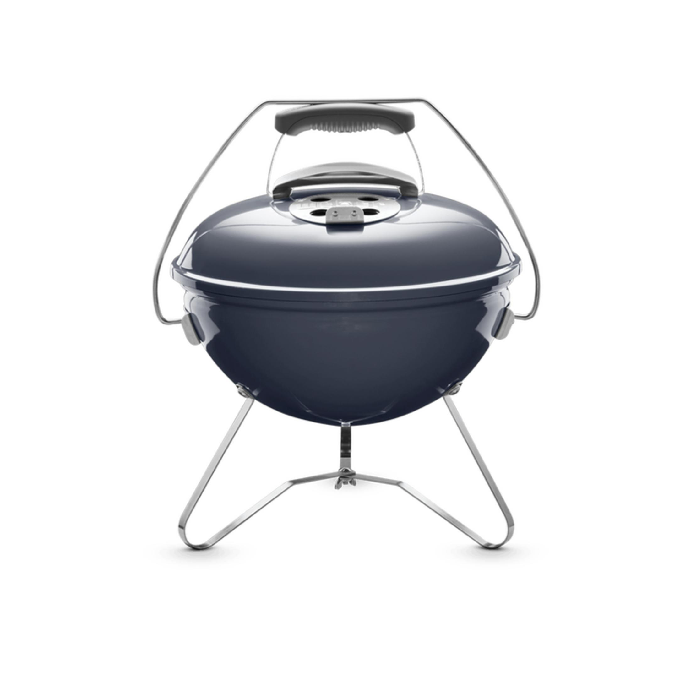 Ein dunkelgrauer Holzkohlegrill mit silbernen Beinen und Griff.