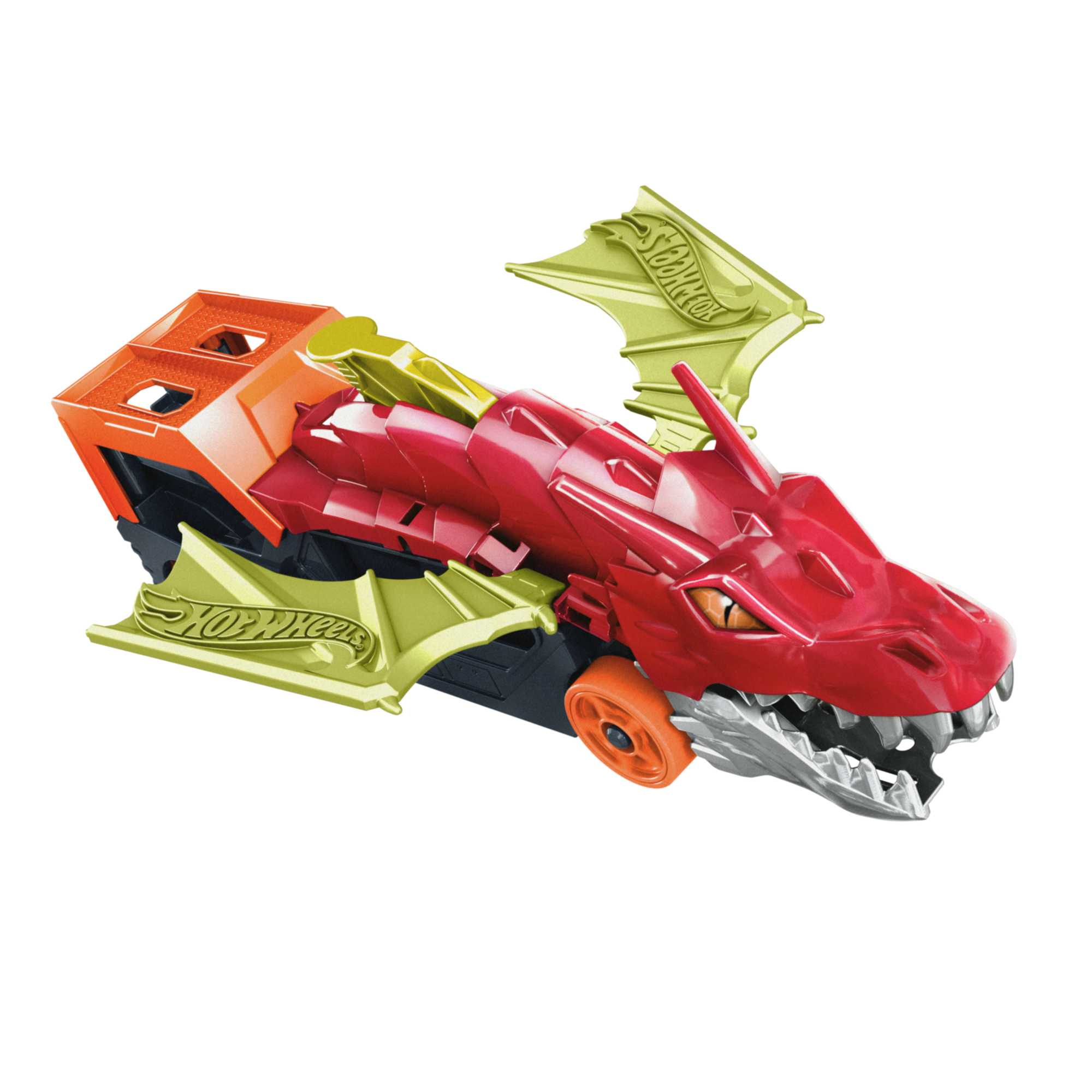 Un coche de juguete rojo con forma de dragón, alas verdes y ruedas naranjas.