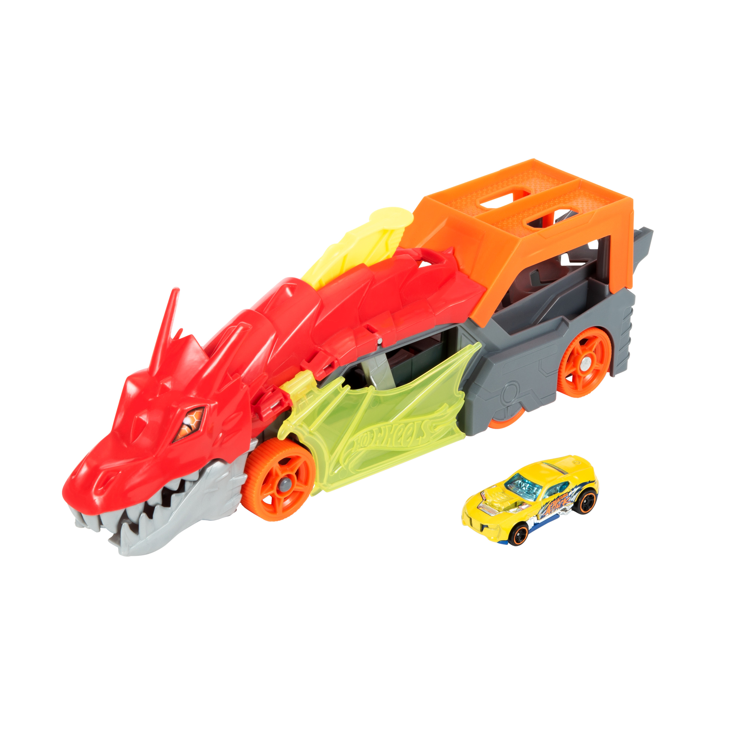 Un camión de juguete dragón rojo con un coche amarillo al lado.
