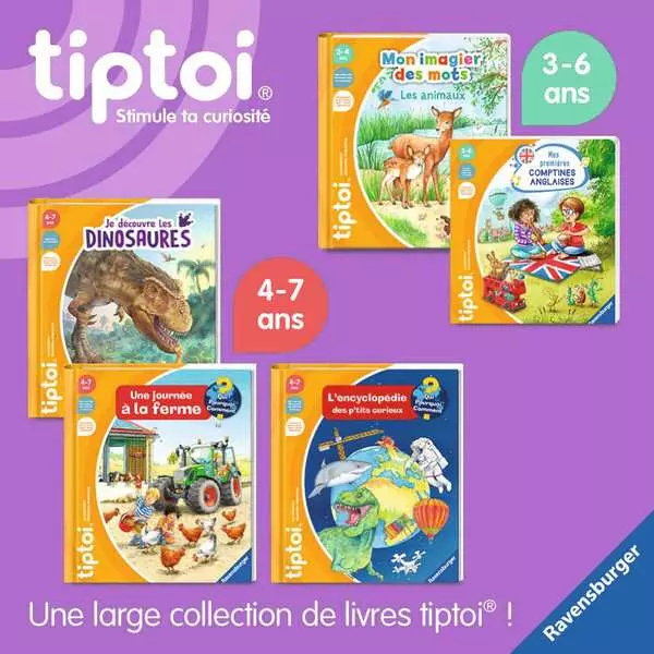 Une collection de livres tiptoi pour enfants sur les dinosaures, la ferme, les animaux et l'anglais.