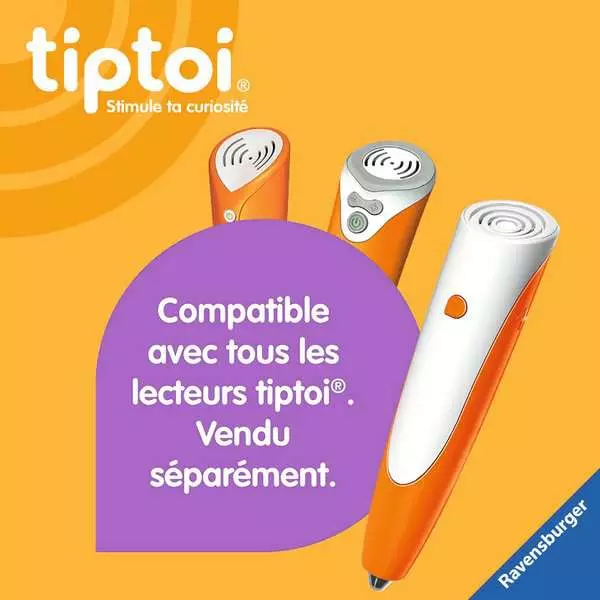 Trois stylos tiptoi, un grand et deux plus petits, sur fond orange.