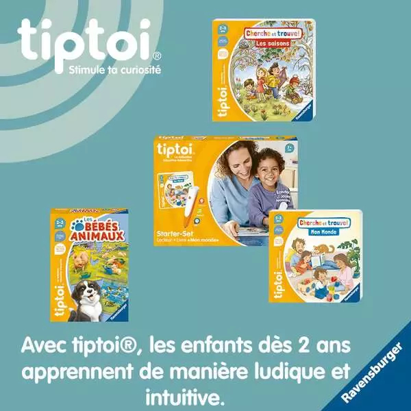 Produits Tiptoi : Un set de démarrage, un livre d'animaux et deux jeux de recherche.