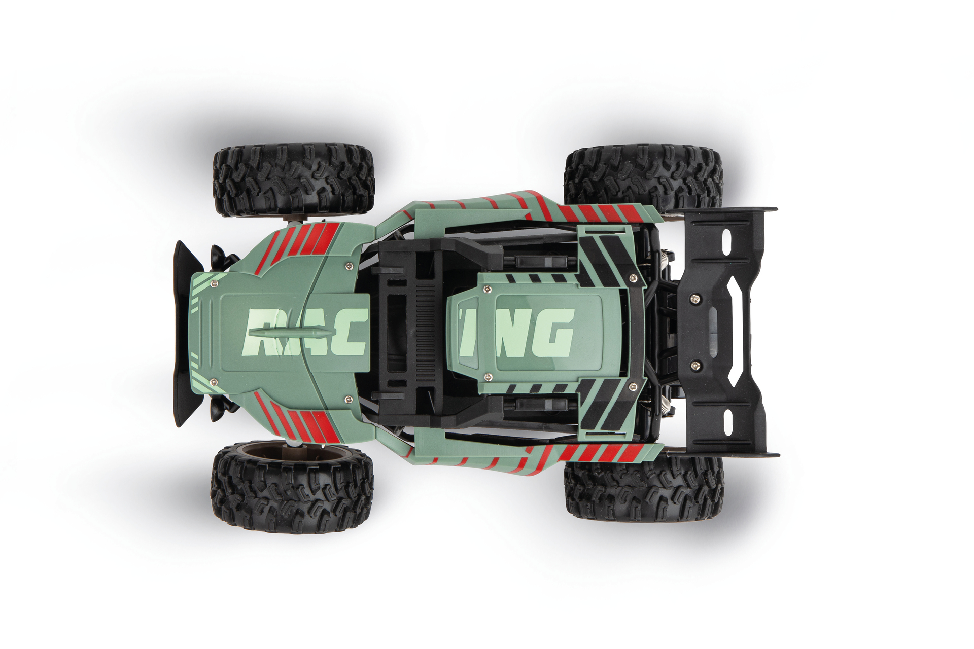 Coche teledirigido verde con rayas rojas y "RACING".