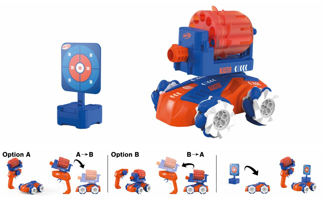 Un coche de juguete lanzador Nerf con una diana e instrucciones de montaje.