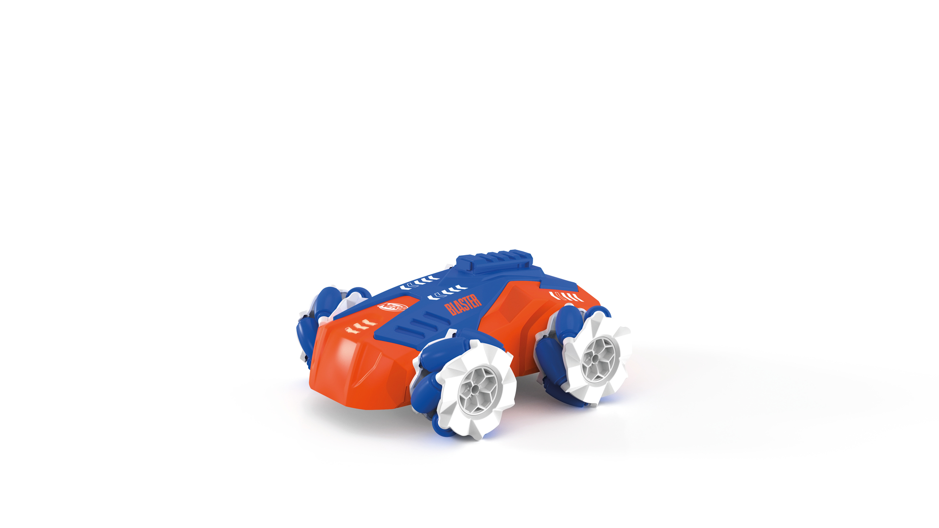 Un coche de juguete naranja y azul a control remoto con ruedas grandes.