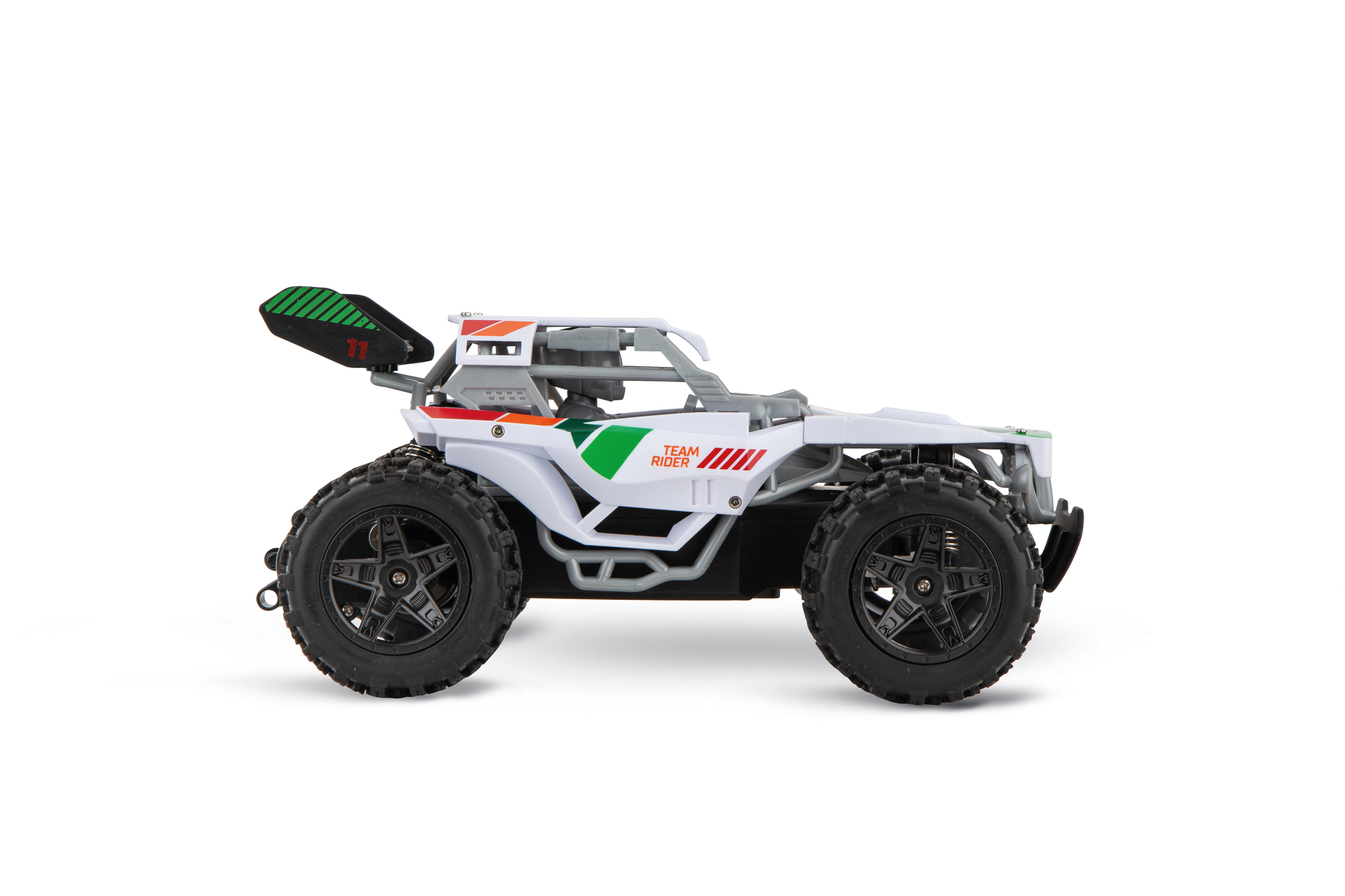 Un coche teledirigido blanco con ruedas negras y calcomanías verdes y rojas.