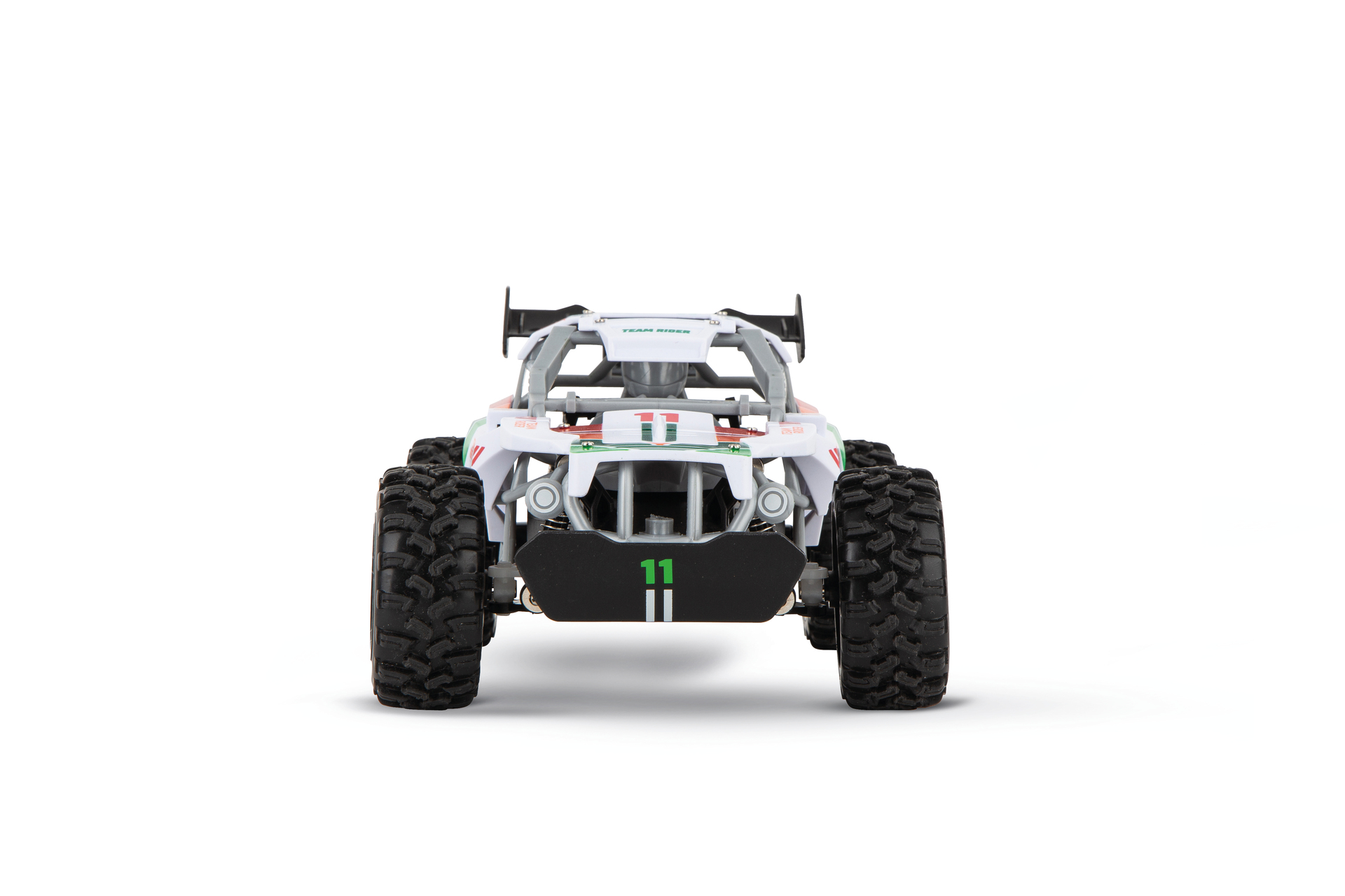 Un buggy blanco a control remoto con llantas grandes, número 11, sobre fondo blanco.