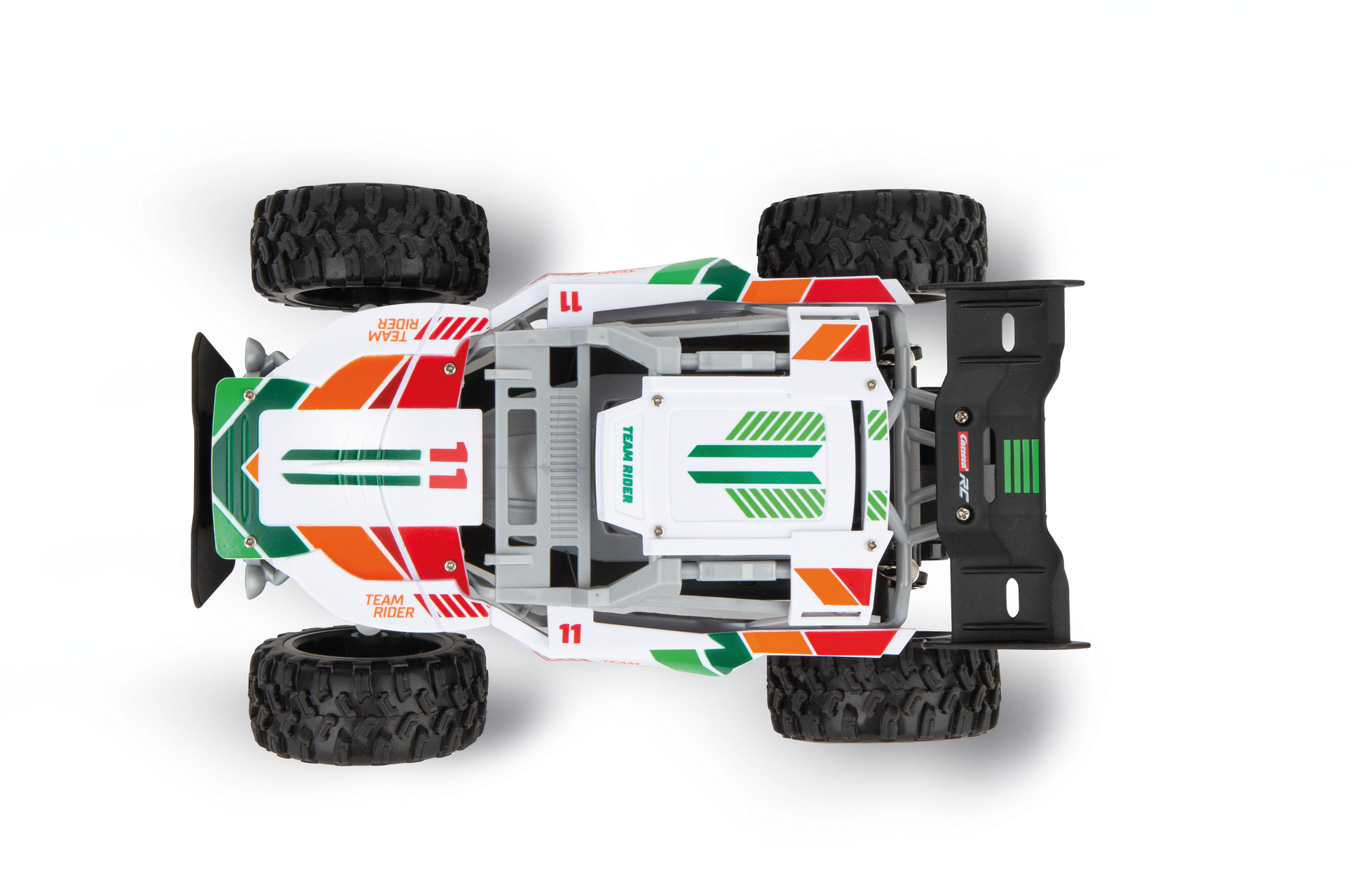 Un coche teledirigido blanco con rayas verdes y naranjas y el número 11.