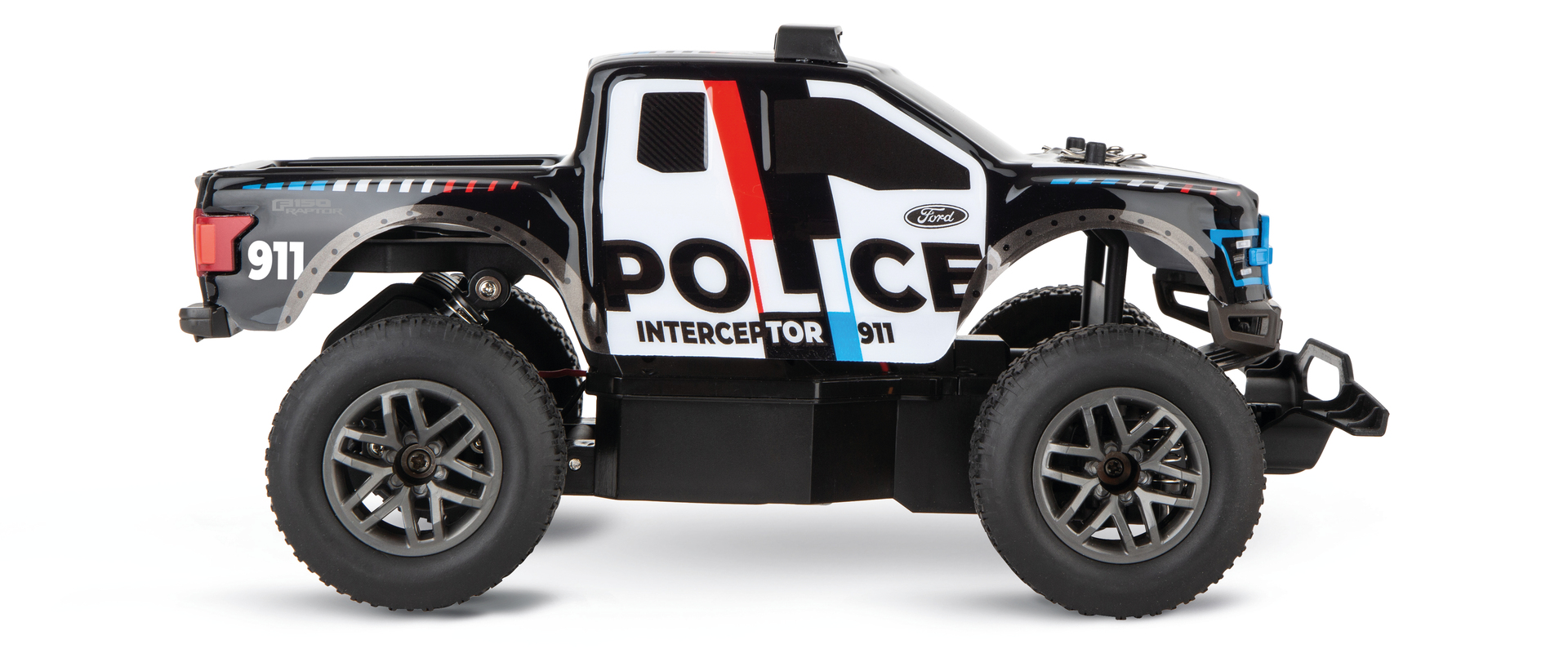 Camioneta policía RC negra estilo Ford F-150 Raptor con letras blancas "POLICE".