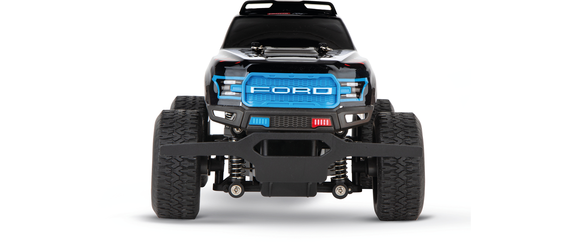 Camión RC Ford Raptor negro con parrilla y faros azules.